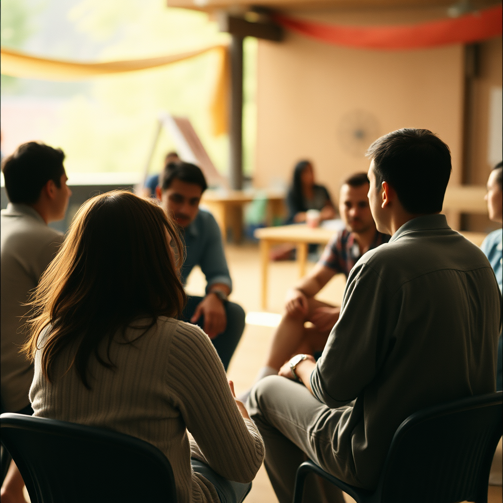 a community setting with people sitting in a circle and talking with each other